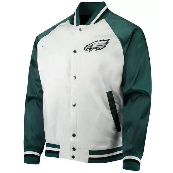 White/Green Philadelphia Eagles Varsity Satin Jacket